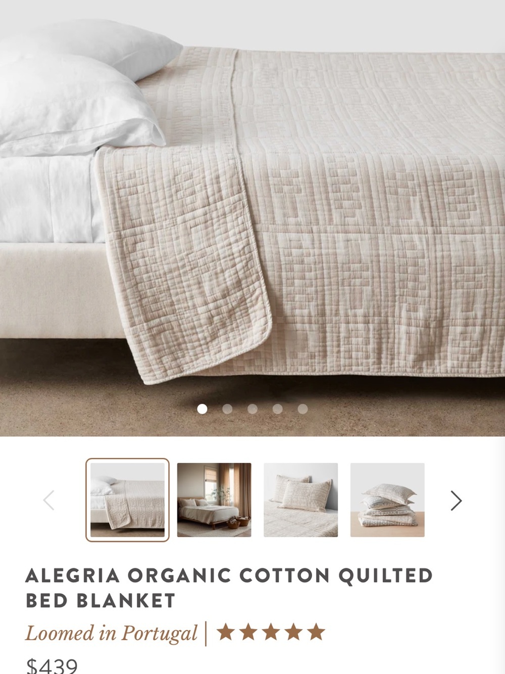 Alegria Quilted Organic Cotton Coverlet in Light Beige